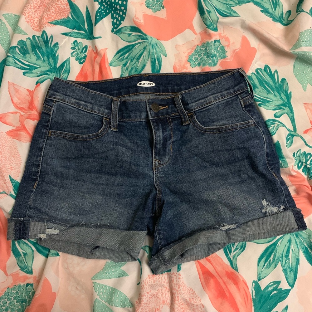 Distressed denim shorts